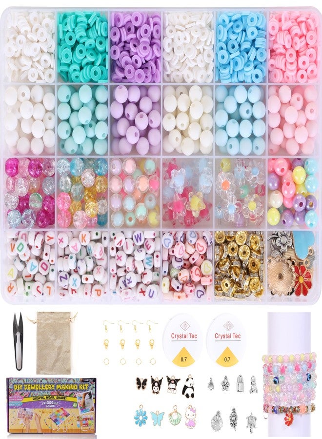 Ambitieux Children All-in-One Bracelet Making Kit - 24 Grid Jewelry Set with 1000+ Beads, Alphabet Letters, Charms, Jump Rings, Tools & 2 Elastic Rolls - DIY Jewellery Craft Kit for Kids Age 6-12- Birthday Gift for Girls 4 5 6 7 Years (Clay With 8mm matt) - Image 1